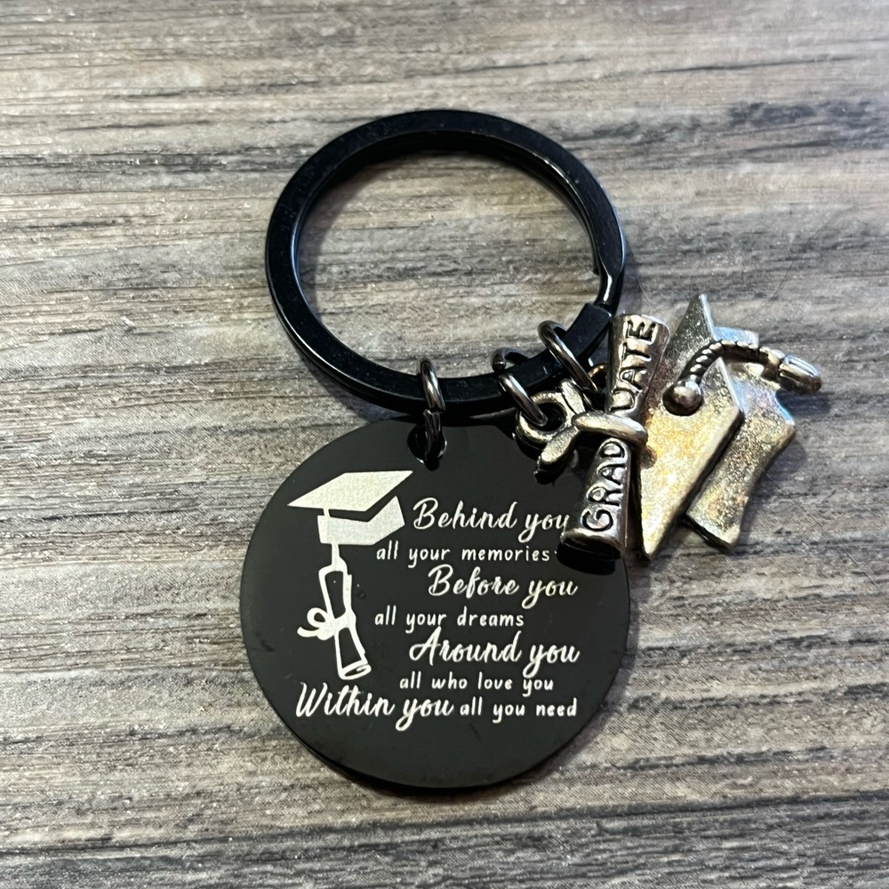 Graduation Black Circle Keychain with Cap and Book Charms
